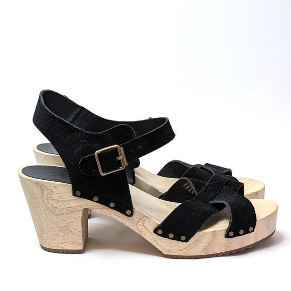Loft Black Suede Ankle Strap Open Toe Chunky Wooden Sandals Women's Size 10M - Picture 4 of 6